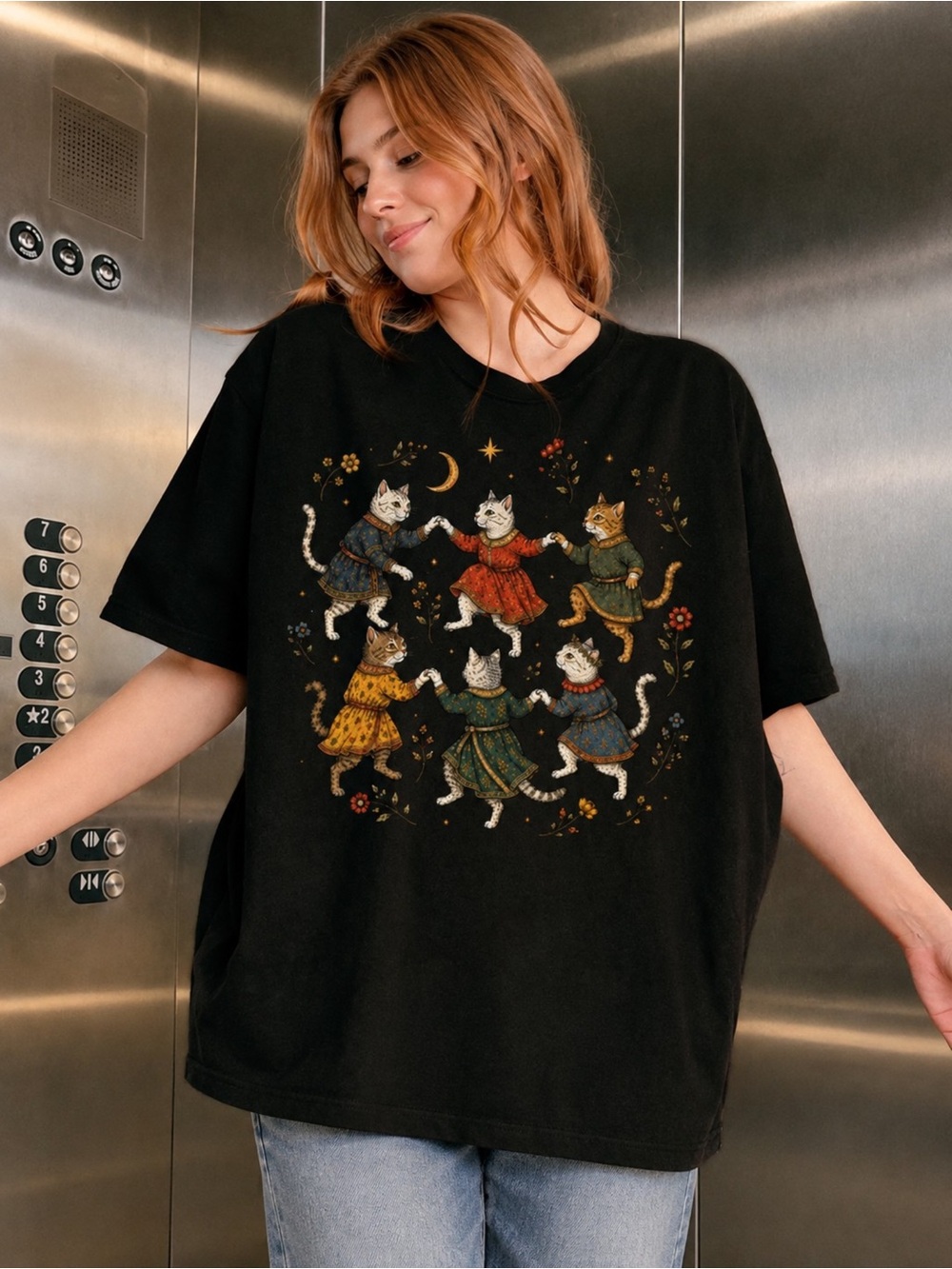 Dancing Cats Folk Art Graphic T-Shirt Black Unisex